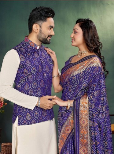 Men and Women Couple Combo of Saree Kurta and Jacket in Blue